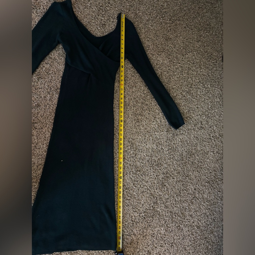Elegant Black Ribbed Knit Midi Dress | Asymmetrical Neckline | Long Bodycon - Picture 7 of 11